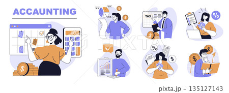 Accounting concept set in flat web design. People in isolated scenes inspecting financial balance, making tax calculation, investing money, banking, planning and reporting. Vector illustrations. 135127143