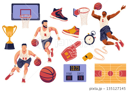 Basketball set in flat graphic design. Collection isolated elements of team players jumping and running. ball, field, basket, sneakers, electronic scoreboard, trophy cup, other. Vector illustration. 135127145