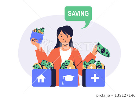 Financial literacy web concept with flat cartoon people for website design. 135127146