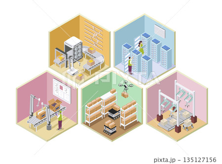 Automated industry 3d isometric rooms concept in isometry graphic design for web. People working in conveyor lines with robotic arms on packing boxes, controlling at server racks. Vector illustration. Automated industry 3d isometric rooms concept in isometry graphic design for web. People working in conveyor lines with robotic arms on packing boxes, controlling at server racks. Vector illustration. 135127156