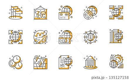 Global business icons set in outline stroke design for web. Pack line pictograms with flag, map, card paying, target, online communication, international company expansion, other. Vector illustration. Global business icons set in outline stroke design for web. Pack line pictograms with flag, map, card paying, target, online communication, international company expansion, other. Vector illustration. 135127158