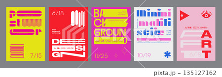 Abstract cover typography template. Posters layouts with bright visual contrast compositions with dynamic text effects and minimalist symbols. Modern banners set in retro design. Vector illustration. Abstract cover typography template. Posters layouts with bright visual contrast compositions with dynamic text effects and minimalist symbols. Modern banners set in retro design. Vector illustration. 135127162