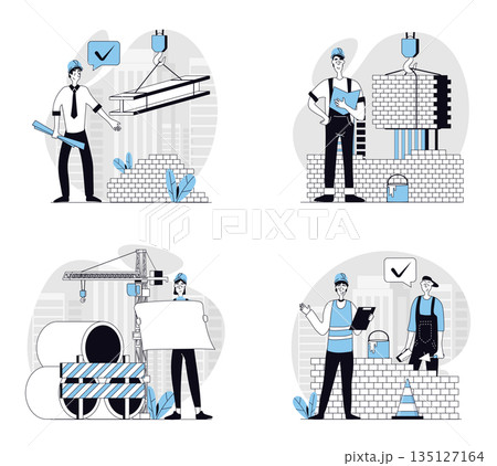 Construction engineer concept set in flat design for web. Collection with people working at building site, making brickwork and house construct, looking at architect blueprints. Vector illustrations. 135127164