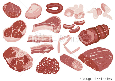 Butchery food set elements in flat graphic design. Collection of raw slices of beef, lamb, pork, steak, chicken legs and wings, sausages, salami, bacon and other meat products. Vector illustration. 135127165