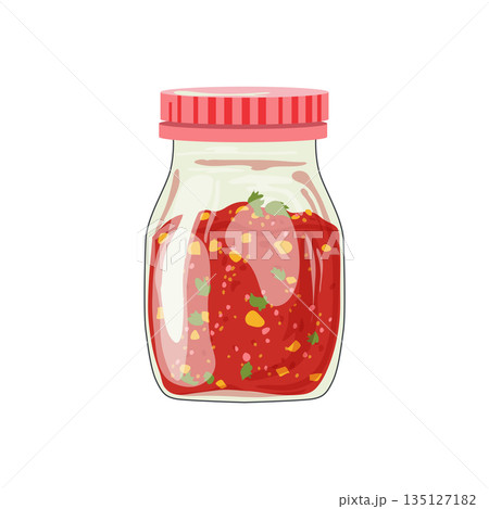 Tomato sauce in jar in flat design. Hot red salsa condiment for cooking. Vector illustration isolated. 135127182