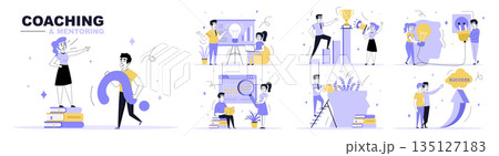 Coaching and mentoring concept set in flat web design. Collection with people learning at seminar, improving skills, using mentorship in career. Flat vector illustration isolated on white background. Coaching and mentoring concept set in flat web design. Collection with people learning at seminar, improving skills, using mentorship in career. Flat vector illustration isolated on white background. 135127183