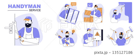 Handyman service concept set in flat web design. People in isolated scenes doing house repair, installing windows, builder bricklaying and painting walls, electrician fixing. Vector illustrations. 135127186