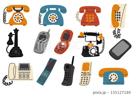 Retro phones set in flat graphic design. Collection isolated elements with antique and vintage telephones with dials, cords, mobile models with buttons and radio antennae, other. Vector illustration. Retro phones set in flat graphic design. Collection isolated elements with antique and vintage telephones with dials, cords, mobile models with buttons and radio antennae, other. Vector illustration. 135127189