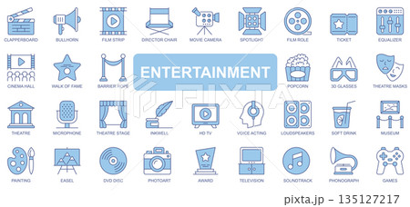Entertainment icons set in duotone outline stroke design for web. Pack pictograms of clapperboard, bullhorn, film strip, director chair, movie camera, painting, photo art, other. Vector illustration. Entertainment icons set in duotone outline stroke design for web. Pack pictograms of clapperboard, bullhorn, film strip, director chair, movie camera, painting, photo art, other. Vector illustration. 135127217