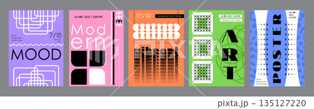 Minimalism geometric poster cover set. A4 banners with brutalism bold shapes, outline frame prints, simple shapes, distorted elements. Modernism art design with Y2K aesthetics. Vector illustration. Minimalism geometric poster cover set. A4 banners with brutalism bold shapes, outline frame prints, simple shapes, distorted elements. Modernism art design with Y2K aesthetics. Vector illustration. 135127220