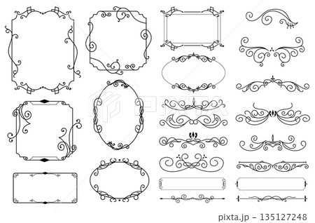 Vintage frames and dividers mega set elements in flat graphic design. Bundle objects of luxury antique borders, corners and banners with floral curls and decorative flourish. Vector illustration. Vintage frames and dividers mega set elements in flat graphic design. Bundle objects of luxury antique borders, corners and banners with floral curls and decorative flourish. Vector illustration. 135127248