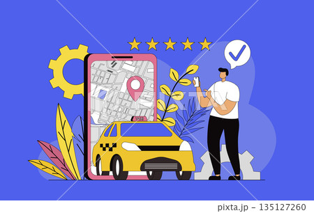 Taxi booking service concept with modern flat design for web. Man looking for car and ordering taxi transportation in mobile application, tracking route on map with location. Vector illustration. 135127260