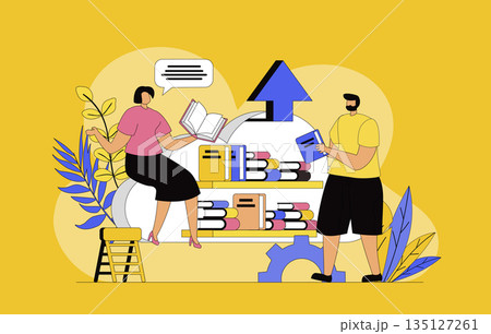 Cloud library concept with modern flat design for web. Woman and man reading and sharing digital books and textbooks, using cloud technologies for online education and e-learning. Vector illustration. Cloud library concept with modern flat design for web. Woman and man reading and sharing digital books and textbooks, using cloud technologies for online education and e-learning. Vector illustration. 135127261