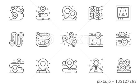 GPS navigator icons set in outline stroke design for web. Pack line pictograms with route with location points, pins, map, online tracking, direction, car travel, position, other. Vector illustration. 135127265