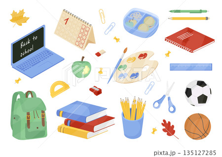 School items mega set elements in flat cartoon graphic design. Bundle objects of autumn leaf, calendar, laptop, stationery, lunch box, books, notebook, apples, backpack, other. Vector illustration. 135127285