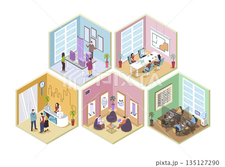 Real estate 3d isometric rooms concept in isometry graphic design for web. People working at office and sales department, creating architecture projects, customers with realtor. Vector illustration. Real estate 3d isometric rooms concept in isometry graphic design for web. People working at office and sales department, creating architecture projects, customers with realtor. Vector illustration. 135127290