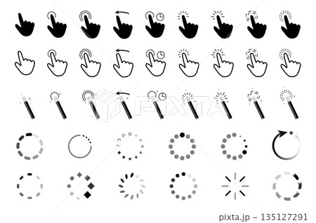 Computer cursors mega set elements in flat graphic design. Bundle objects of navigation symbols, click finger hands, wands, circles and arrows for pointer, choice, downloading. Vector illustration. 135127291