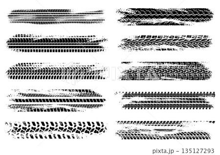 Grunge tire tracks mega set elements in flat graphic design. Bundle objects of abstract black wheels tread, motorcycle or car messy trails, road dirty rubber texture effect. Vector illustration. Grunge tire tracks mega set elements in flat graphic design. Bundle objects of abstract black wheels tread, motorcycle or car messy trails, road dirty rubber texture effect. Vector illustration. 135127293