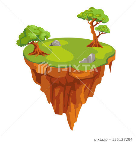Flying ground island in flat design. Level platform with trees, stones and lawn. Vector illustration isolated. Flying ground island in flat design. Level platform with trees, stones and lawn. Vector illustration isolated. 135127294