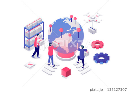 Worldwide delivery 3d isometric concept in geometry graphic design for web. People work in global logistic company, shipping packages, making export and import transportation. Vector illustration. 135127307