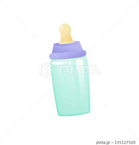 Milk bottle with pacifier in flat design. Newborn baby feeding accessory. Vector illustration isolated. 135127320