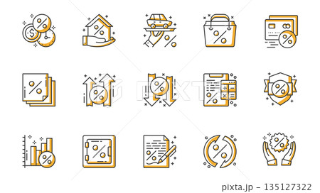 Credit icons set in outline stroke design for web. Pack line pictograms with money, paying time, house mortgage, car insurance, discount, growth, down, calculating data, other. Vector illustration. 135127322