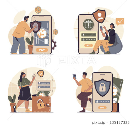 Secure payment concept scenes set in flat web design. People in situations of making internet shopping with protect shield service, ordering with online paying for saving money. Vector illustrations. Secure payment concept scenes set in flat web design. People in situations of making internet shopping with protect shield service, ordering with online paying for saving money. Vector illustrations. 135127323