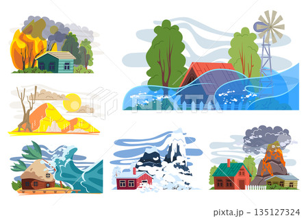Natural disasters set in flat graphic design. Collection isolated elements of forest wildfire, flood, drought, desert, crashing tornado waves, snow avalanche, volcanic eruption. Vector illustration. 135127324