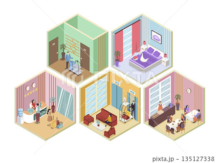 Hotel 3d isometric rooms concept in isometry graphic design for web. People in registerating at reception, tourists at waiting hall, dining in restaurant, bed apartment for guest. Vector illustration. 135127338