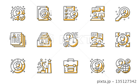 Head hunting icons set in outline stroke design for web. Pack line pictograms with hiring, search, recruitment, employee, job interview, key, resume, briefcase, teamwork, other. Vector illustration. Head hunting icons set in outline stroke design for web. Pack line pictograms with hiring, search, recruitment, employee, job interview, key, resume, briefcase, teamwork, other. Vector illustration. 135127342
