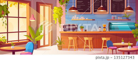 Coffee shop interior background for banner design. Empty room with barista counter with coffee machine, dessert showcase, menu boards, tables and chairs, window and door. Vector cartoon illustration 135127343
