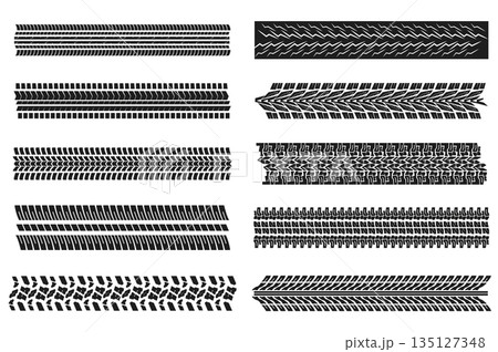 Tire tracks mega set elements in flat graphic design. Bundle objects of black machinery protectors prints with different patterns, automobile road trail texture, vehicle stamps. Vector illustration. Tire tracks mega set elements in flat graphic design. Bundle objects of black machinery protectors prints with different patterns, automobile road trail texture, vehicle stamps. Vector illustration. 135127348