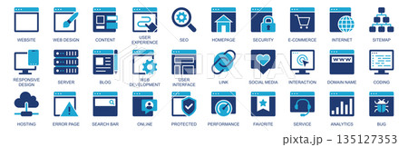 Website icon set in flat duotone solid icons web design. Pack pictograms with content, user experience, seo, homepage, security, ecommerce, internet, server, blog, link, other. Vector illustration. 135127353