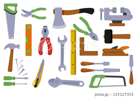 Woodworking tools set in flat graphic design. Collection isolated elements with saw, pruning shears, axe, pliers, level, wrench, ruler, angle, hammer, plane, screwdriver, other. Vector illustration. 135127355
