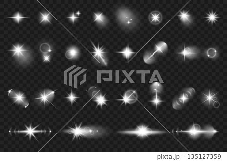 Lens flare mega set elements in realistic graphic design. Bundle objects of white glow flare light effects, sunshine flash with beams and sparkles, bright star highlight blinks. Vector illustration. 135127359