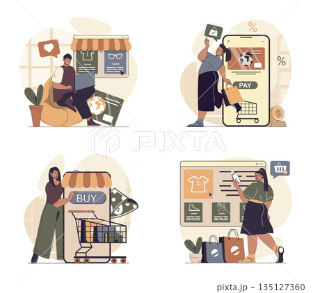 Mobile commerce concept scenes set in flat web design. People in situations of making online shopping and purchases at sales, ordering new products, secure paying online in apps. Vector illustrations. Mobile commerce concept scenes set in flat web design. People in situations of making online shopping and purchases at sales, ordering new products, secure paying online in apps. Vector illustrations. 135127360