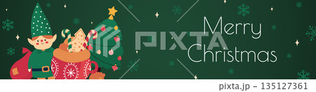 Merry Christmas banner design. Xmas party invitation template with festive pine tree with balls, cute elf, gift bag, cocoa cup with gingerbread and striped candies, snowflake fly. Vector illustration. Merry Christmas banner design. Xmas party invitation template with festive pine tree with balls, cute elf, gift bag, cocoa cup with gingerbread and striped candies, snowflake fly. Vector illustration. 135127361
