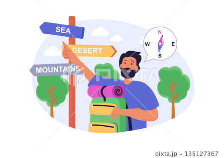Travel concept in modern flat design for web. Man with backpack hiking and trekking, choosing his camping destination by wood signboard with routes to mountains, desert or sea. Vector illustration. 135127367