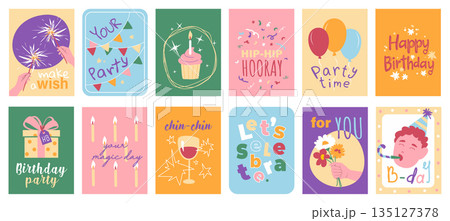 Birthday party cover typography template for posters, prints. Minimalistic banners set with fireworks, cupcake, balloons, gift, bouquet, champagne cheers, anniversary celebration. Vector illustration. Birthday party cover typography template for posters, prints. Minimalistic banners set with fireworks, cupcake, balloons, gift, bouquet, champagne cheers, anniversary celebration. Vector illustration. 135127378