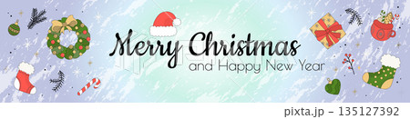 Merry Christmas banner design. Xmas party invitation template with fir wreath with bow and balls, pine twigs, Santa Claus hat, stockings, gift boxes, cup with striped candies. Vector illustration. Merry Christmas banner design. Xmas party invitation template with fir wreath with bow and balls, pine twigs, Santa Claus hat, stockings, gift boxes, cup with striped candies. Vector illustration. 135127392