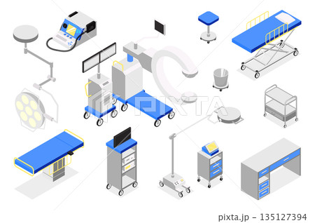 Operating room 3d isometric mega set in isometry graphic design. Collection elements of couch, lamp, monitoring system, tables, stretcher, x-ray, surgery equipment, other tools. Vector illustration. Operating room 3d isometric mega set in isometry graphic design. Collection elements of couch, lamp, monitoring system, tables, stretcher, x-ray, surgery equipment, other tools. Vector illustration. 135127394