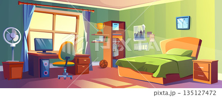 Boy bedroom background for banner design. Empty room interior with bed and bedside, shelves with sport trophy and books, basketball ball, table with computer and chair. Vector cartoon illustration 135127472