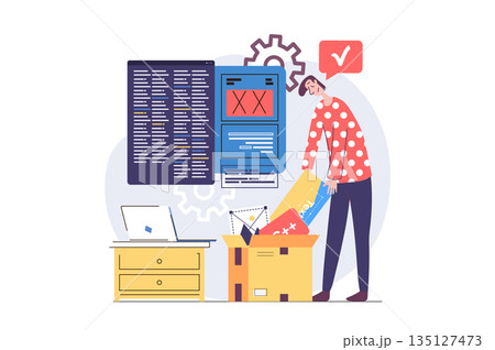 Web development concept in modern flat design for web. Man developing and programming layout interface on screens, engineering digital project, making research and doing settings. Vector illustration. 135127473