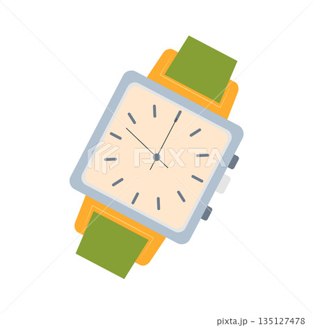 Wrist watch with strap in flat design. Clock accessory with dial and hands. Vector illustration isolated. Wrist watch with strap in flat design. Clock accessory with dial and hands. Vector illustration isolated. 135127478