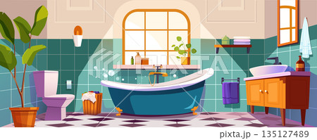 Bathroom interior background banner for game design. Home room with bathtub and faucet, toilet, washbasin, plants, towels, hygiene equipment, windows at wall, tile floor. Vector cartoon illustration 135127489