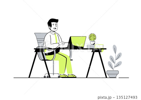 Children learn on computers web concept with flat cartoon people for website design. Boy watching video lessons or virtual class conference, doing homework online using laptop. Vector illustration. 135127493