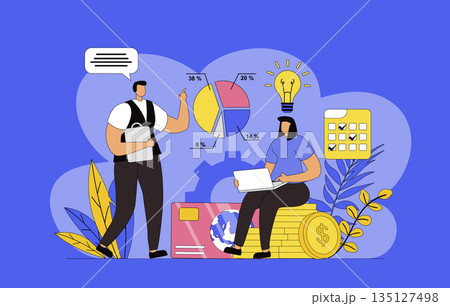 Financial management concept with modern flat design for web. Man and woman counting data and analyzing budget, inspecting statistics and banking reports, planning their finance. Vector illustration. 135127498