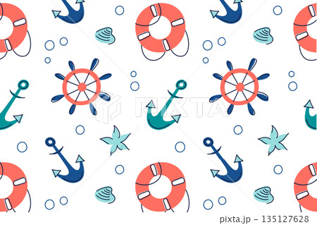 Seamless marine pattern with cute nautical symbols in childlike style, vector flat cartoon illustration. Lifebuoys, anchors, starfish, helm for kids design, summer textiles, packaging and backgrounds 135127628
