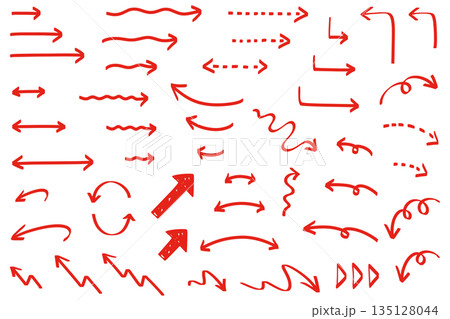 赤いマーカーペン風の手描き矢印セット 135128044