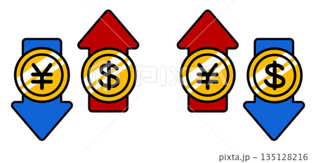 円安ドル高のアイコンと円高ドル安のアイコン 135128216